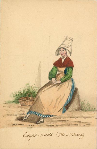 Strój kobiecy z Corps-Nuds, Ille-et-Vilaine (kolorowa litografia) autorstwa French School