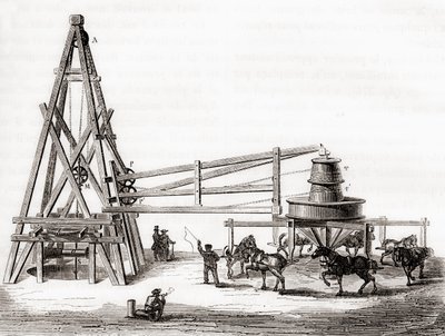 Robotnicy używający karuzeli i wciągarki do wiercenia studni artezyjskich w Grenelle we Francji w XIX wieku, z „Les Merveilles de la Science”, opublikowanej ok. 1870 r. (rycina) autorstwa French School