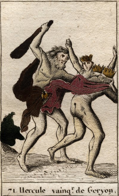 Dzieła Herkulesa: „”Hercule triumphant du geant aux trois corps Geryon”” (Praca Heraklesa, Herkules zabijający Potwora Geryona) Z „”Mitologie de la jeunesse” Pierre Blancharda 1803. autorstwa French School
