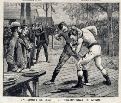 Mistrzostwa Świata: walka bokserska Jima Corbetta i Boba Fitzsimmonsa w Carson, Nevada, Stany Zjednoczone: W „”The Little Parisien”” w dniu 11.04.1897. Prywatna kolekcja autorstwa French School