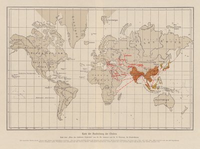 Mapa świata przedstawiająca rozprzestrzenianie się cholery (kolorowa litografia) autorstwa French School