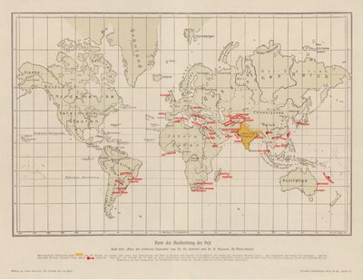 Mapa świata przedstawiająca rozprzestrzenianie się dżumy (kolorowa litografia) autorstwa French School