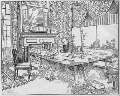 Pisarka Alexandra Dumas Jr. (1824-1895) w swoim gabinecie. Grawer w „La gazette du dimanche” z dnia 12 grudnia 1895 r. autorstwa French School