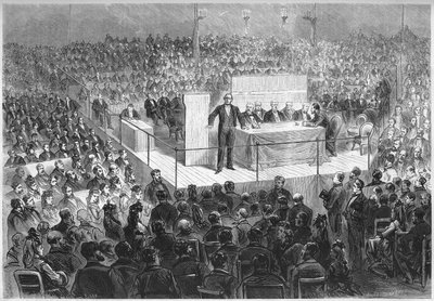 Pisarz Ernest Legouve (1807-1903) przewodniczy „spotkaniu patriotycznemu” zorganizowanemu w celu zebrania funduszy na odkupienie departamentów francuskich okupowanych przez Niemcy od końca wojny 1870 r. Paryż, cyrk na Polach Elizejskich, 25 lutego autorstwa French School