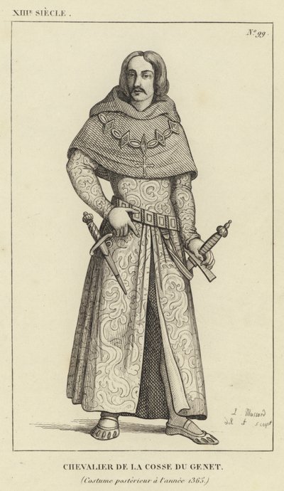 XIII w., Rycerz Pod Genet, Strój po 1365 r. (rycina) autorstwa French School