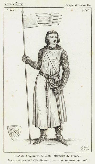 XIII w., panowanie Ludwika IX, Henryka, pana Metz, marszałka Francji, reprezentowanego noszącego Oriflamme, zmarłego w 1265 r. (rycina) autorstwa French School