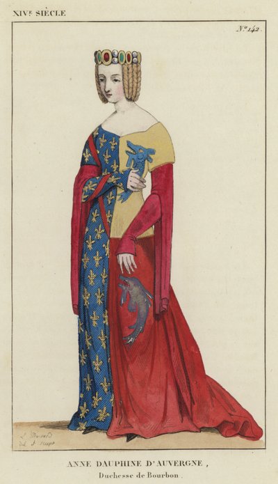 XIV wiek, Anna Dauphine z Owernii, księżna Burbon (kolorowa grawerunek) autorstwa French School