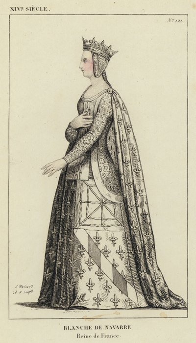 XIV w., Blanche z Nawarry, królowa Francji (kolorowa rycina) autorstwa French School