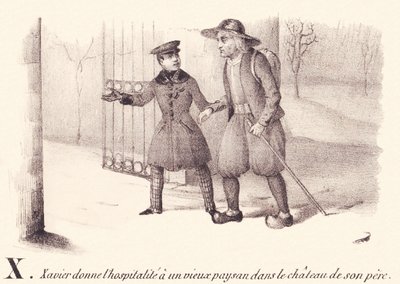 X: Xavier udziela gościny staremu chłopowi w zamku jego ojca. autorstwa French School