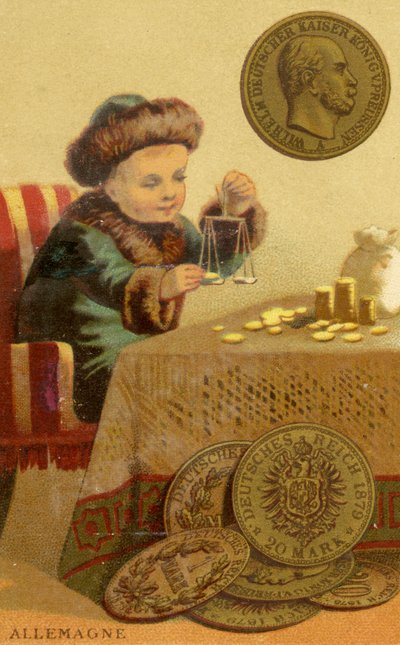 Młody niemiecki bankier ważący marki niemieckie, z serii kart promocyjnych na waluty w różnych krajach, opublikowanych w Paryżu przez Baster & Vieillemard na użytek producenta czekolady Chocol autorstwa French School