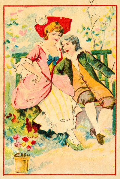 Młoda para na ławce w ogrodzie (chromolitho) autorstwa French School