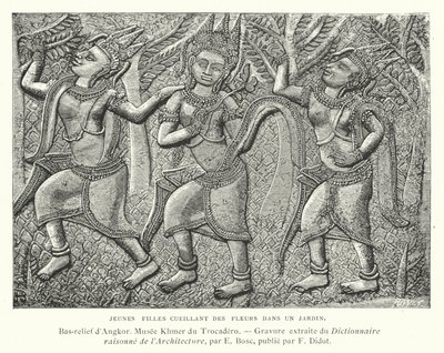 Młode dziewczyny zrywające kwiaty w ogrodzie, płaskorzeźba z Angkor, Kambodża (rycina) autorstwa French School