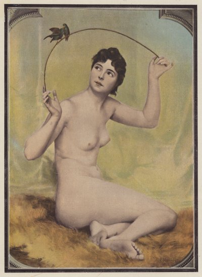 Młoda naga kobieta z ptakami (kolor litho) autorstwa French School