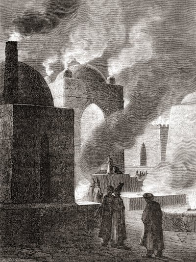 Zoroastriańscy czciciele ognia w Świątyni Ognia w Baku w Azerbejdżanie, z „Les Merveilles de la Science”, opublikowanej ok. 1870 r. (rycina) autorstwa French School