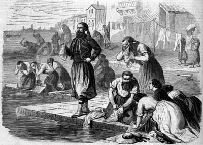 Żuawowie z armii francuskiej robią pranie. Włochy, Risorgimento de 1859. Grawer „”Le Monde Illustré””n°122 z 13 sierpnia 1859. autorstwa French School