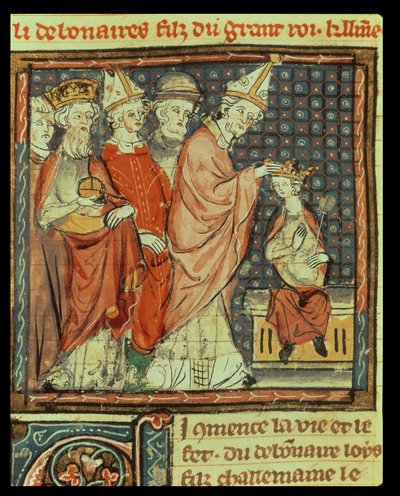 f.142r Koronacja Ludwika I Pobożnego (778-840) cesarza Świętego Cesarstwa Rzymskiego przez papieża Stefana IV (816-817) w Reims w 816, z Grandes Chroniques de France, 1375-79 autorstwa French School