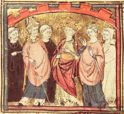 f.73r Dagobert I (605-39), król Franków otrzymujący Królestwo Francji, z Grandes Chroniques de France, 1375-79 autorstwa French School