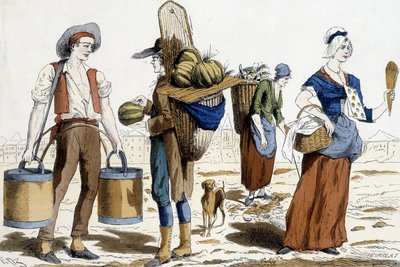ilustracja paryskich strojów w XVIII wieku: przewoźnik wody, handlarz melonami, szyfonier, handlarz przyjemnościami. autorstwa French School