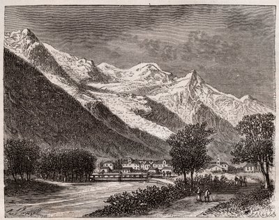 dolina Chamonix i mont Blanc - rycina w „La France illustrée: geografia, historia, administracja statystyczna” autorstwa V.A. Malt-Browna. 1884 autorstwa French School