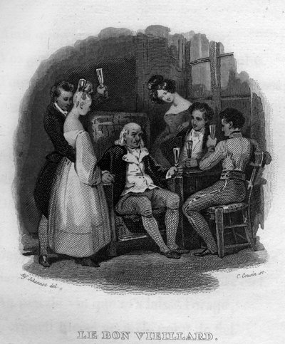 dobry staruszek Chanson de Beranger w „”Oeuvres kończy”” (1834) Pierre’a Jeana de Berangera (1780-1857), francuskiego poety i autora piosenek. autorstwa French School