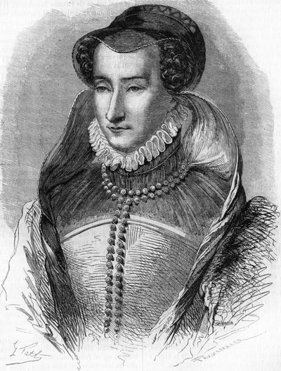 portret Joanny III Albret (1528-1572), matki króla Henryka IV i żony Antoine de Bourbon (1528-1572). W „”Histoire Populaire de la France””, sd. ok. 1885 r. Grawerowanie. autorstwa French School