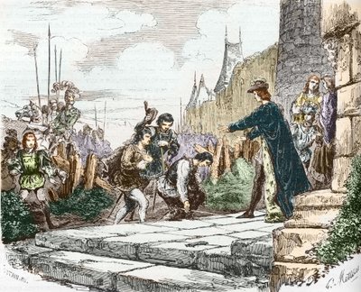 delfin Ludwik (wtedy Ludwik XI), książę Jan II z Alencon i książę Karol I Burbon proszą o przebaczenie króla Karola VII autorstwa French School