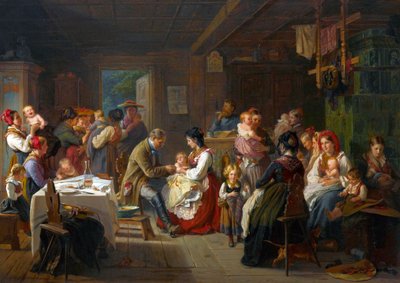 Vaccination contre la variole a la campagne - Szczepienie przeciwko ospie na wsi - Friedrich Adolph Hornemann (1813-1890). olej na płótnie autorstwa Friedrich Adolph Hornemann