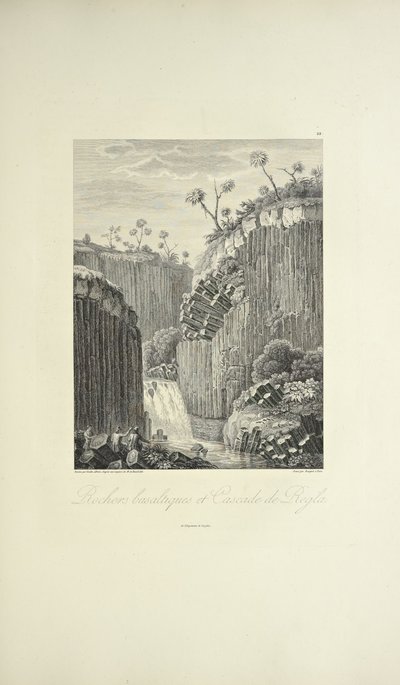 Basalt Rocks and the Cascade de Regla, rysowany przez Gmelina, grawerowany przez Bouquet, ilustracja z „Widoki na Kordyliery i pomniki rdzennych ludów Ameryki” autorstwa Alexandra von Humboldta i Aime Bonplanda autorstwa Friedrich Alexander Baron von (after) Humboldt