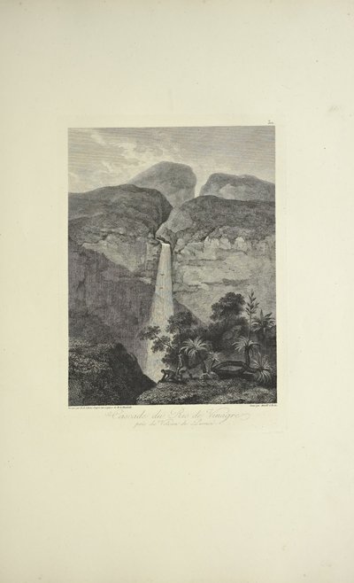 Wodospady Rio de Vinagre, w pobliżu wulkanu Purace, rysowany przez Kocha, grawerowany przez Arnolda, ilustracja z „Widoki na Kordyliery i pomniki ludów tubylczych Ameryki” autorstwa Alexandra von Humboldta i Aime Bonplanda autorstwa Friedrich Alexander Baron von (after) Humboldt