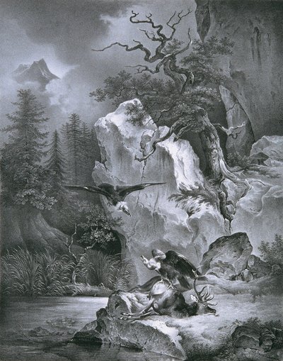 Sęp z martwym jeleniem autorstwa Friedrich August Mathias Gauermann