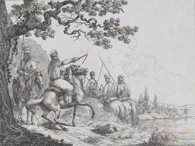 Kozacy jadący brzegiem rzeki, 1814 r. autorstwa Friedrich August de La Belle