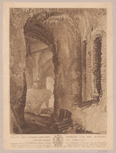 Widok na podziemne sklepienie zamku Vredenburg w Utrechcie Wejście do podziemi zamku Vredenburg w Utrechcie (tytuł na obiekcie) autorstwa Friedrich Christoph Dietrich