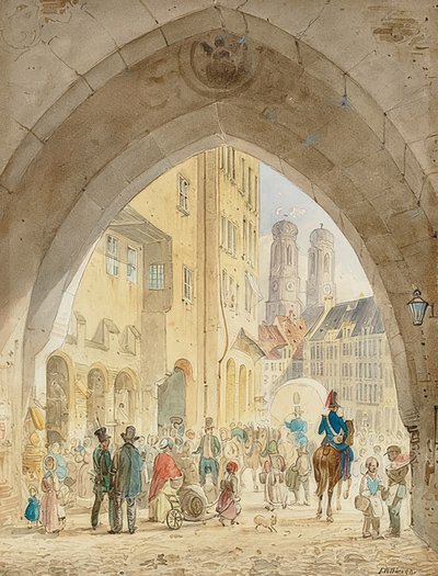 Monachium - Widok ze starego ratusza na wieże Frauenkirche. 1849 autorstwa Friedrich Eibner