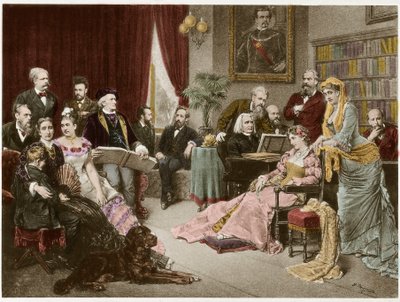 Richard Wagner i Liszt w Bayreuth z Cosimą i Zygfrydem - wg Fritza Georga Papperitza autorstwa Friedrich Georg Papperitz