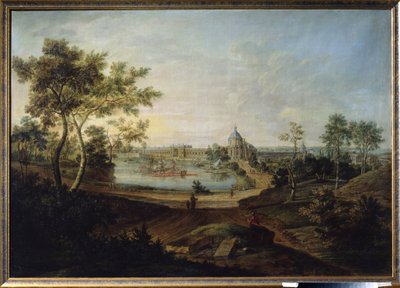 „Widok na Pałac Królewski w Oranienbaum, obecny Łomonosow w Rosji”” (Widok na Pałac Wielki w Oranienbaum) Zbudowany przez architekta Antonio Rinaldiego dla cesarzowej Katarzyny II Wielkiej. Obraz Friedricha Hartmanna Barisien (1724-1796) 1758 Stat autorstwa Friedrich Hartmann Barisien