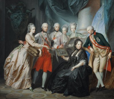 Arcyksiężna Marie Krystyna i książę Albert z Saksonii Cieszyńskiej prezentują rodzinie zdjęcia swoich krewnych we Włoszech autorstwa Friedrich Heinrich Fuger