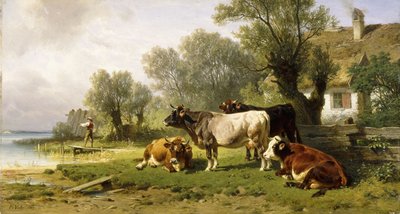 Bydło na farmie wzdłuż rzeki, a za nim rybak, 1881 r. autorstwa Friedrich Johann Voltz