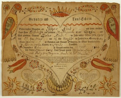 Świadectwo urodzenia i chrztu, ok. godz. 1790-1800 (tusz, akwarela i grawer na papierze czerpanym) autorstwa Friedrich Krebs
