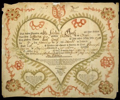 Akt urodzenia i chrztu, 1800 (tusz, akwarela i grawer na papierze czerpanym) autorstwa Friedrich Krebs