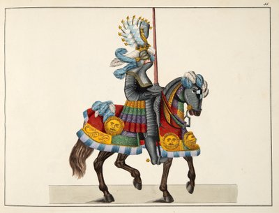 Rycerz w drodze na turniej, tablica z „Historii rozwoju i obyczajów rycerskich” dr. Franza Kottenkampa, wydana przez Carla Hoffmanna, 1842 autorstwa Friedrich Martin von Reibisch