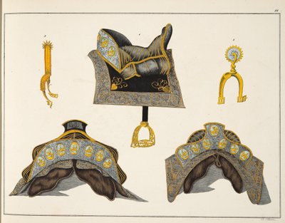 Siodła i ostrogi, płyta z „Historii rozwoju i obyczajów rycerskich” dr. Franza Kottenkampa, wydanej przez Carla Hoffmanna, 1842 autorstwa Friedrich Martin von Reibisch