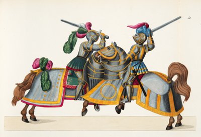 Dwóch rycerzy na turnieju, tablica z „Historii rozwoju i obyczajów rycerskich” dr. Franza Kottenkampa, wyd. Carl Hoffmann, 1842 autorstwa Friedrich Martin von Reibisch