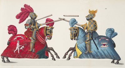 Dwóch rycerzy na turnieju, tablica z „Historii rozwoju i obyczajów rycerskich” dr. Franza Kottenkampa, wyd. Carl Hoffmann, 1842 autorstwa Friedrich Martin von Reibisch