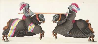 Dwaj rycerze podczas turnieju, ilustracja z "Historii rozwoju i zwyczajów rycerskich", autorstwa dr Franza Kottenkampa, wydanej przez Carla Hoffmanna, 1842 r. autorstwa Friedrich Martin von Reibisch