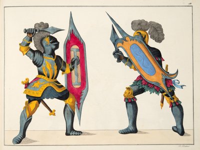 Dwaj walczący rycerze, tablica z "Historii rozwoju i zwyczajów rycerskich", autorstwa dr Franza Kottenkampa, wydanej przez Carla Hoffmanna, 1842 r. autorstwa Friedrich Martin von Reibisch