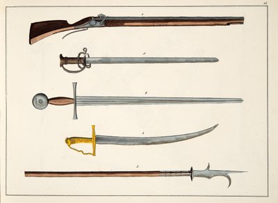 Broń, w tym miecze i włócznie, ok. 1400, tablica z Historii rozwoju i zwyczajów rycerskich dr. Franza Kottenkampa, opublikowana przez Carla Hoffmanna, 1842 autorstwa Friedrich Martin von Reibisch