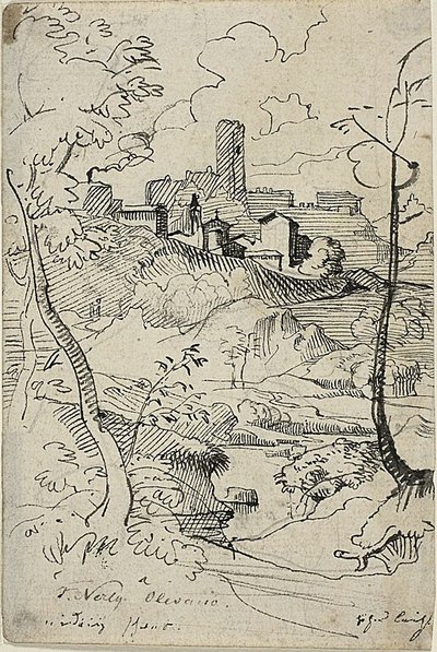 Włoskie miasto z rzeką (recto); Widok miasta (verso) autorstwa Friedrich Nerly