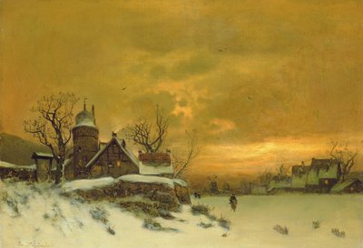 Zimowy krajobraz z widokiem na budynki wieczorem autorstwa Friedrich Nicolai Joseph Heydendahl