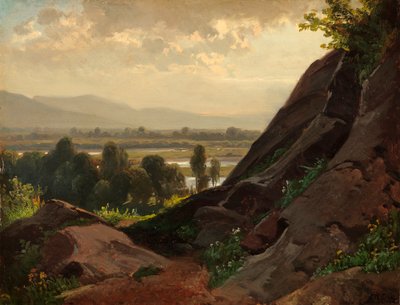 Górski krajobraz ze skalistym występem na pierwszym planie autorstwa Friedrich Voltz