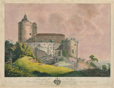 Bergfeste Stolpen, ok. 1800 (kolorowy grawerunek) autorstwa Friedrich or Johann Friedrich Wizani